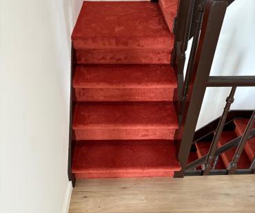 Escalier rénové avec un tapis rouge à Schaerbeek